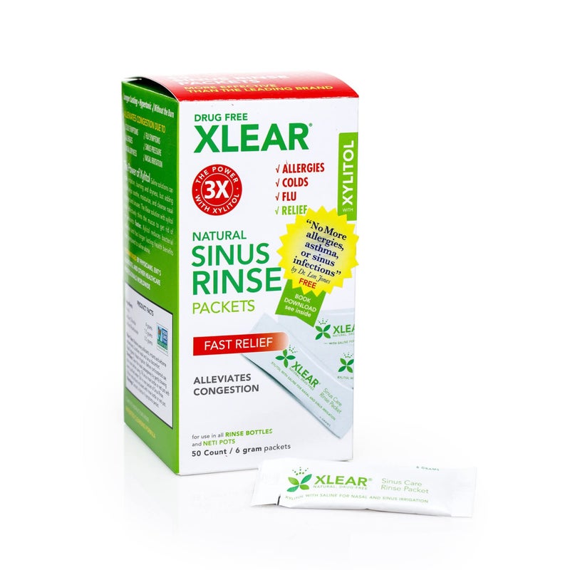Xlear Natural Xylitol Sinus Rinse Refill Neti Pot Saline Packets Nose Cleaner for Fast Pressure and Congestion Relief Works with Most Nasal Irrigation Systems 50 Count Pack of 2